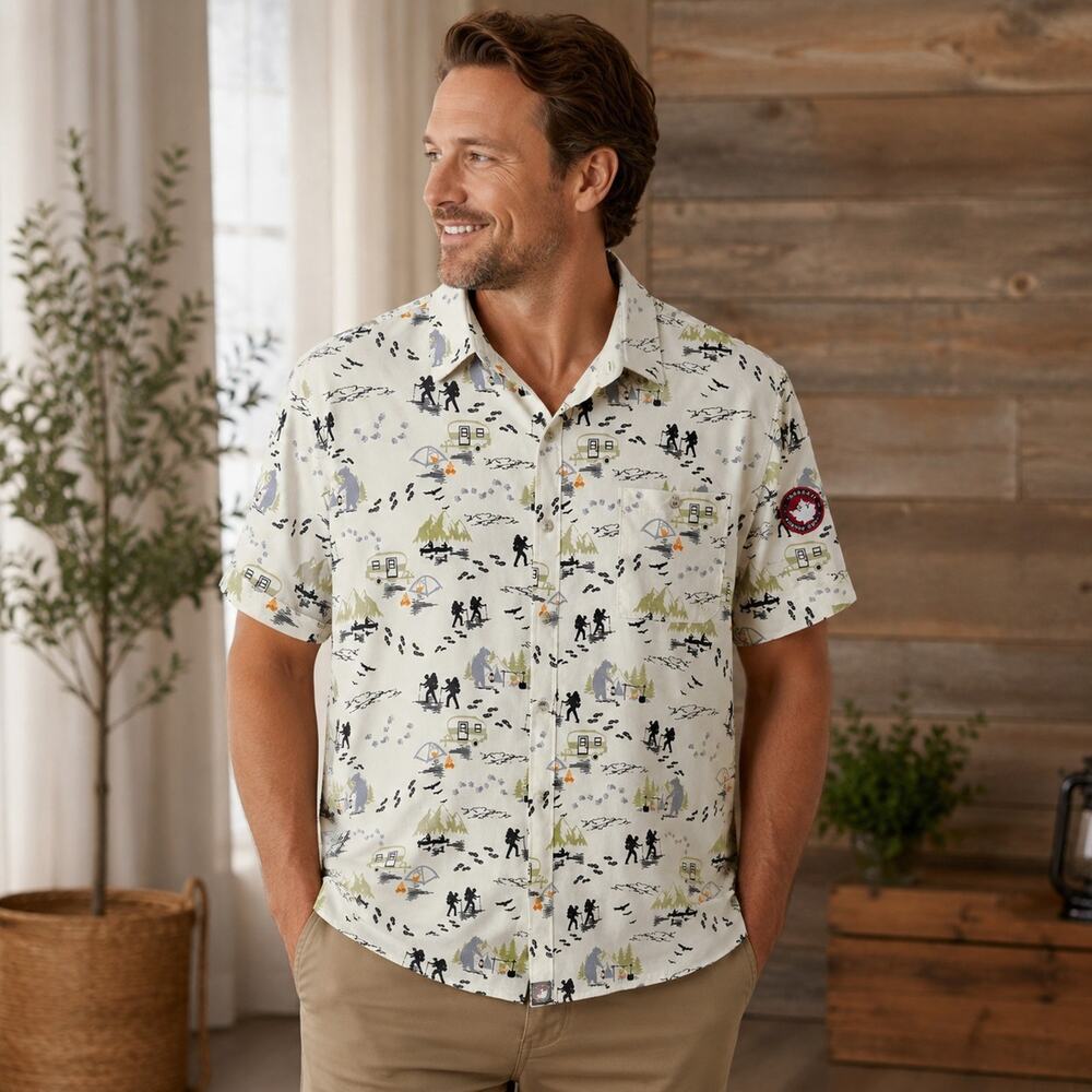 Canada Weather Gear Men XL Camping Hiking Shirt Outdoor Print Vented Chest Pocke